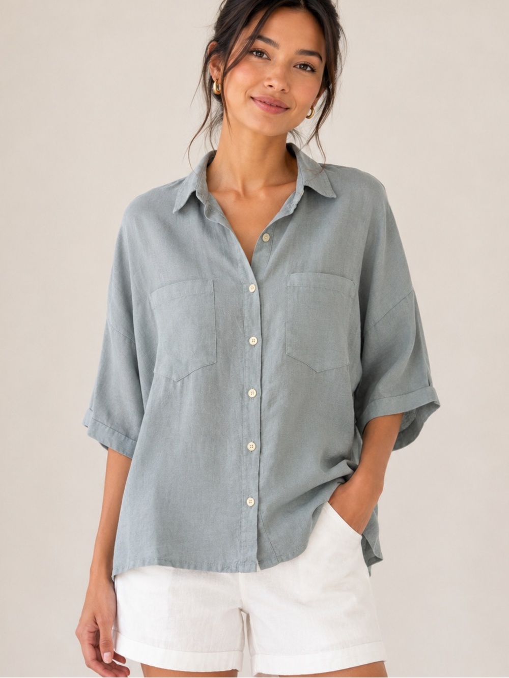100% lino made in Italy Relaxed Button-Down Shirt in Sage Blue M/L